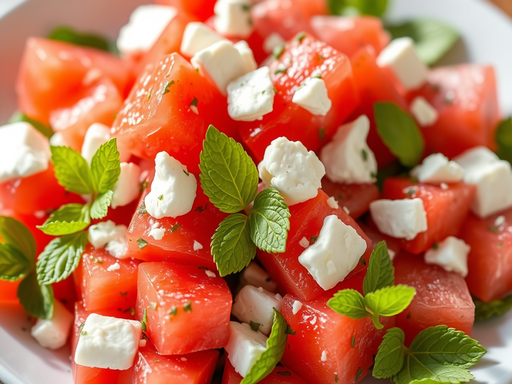 Ensalada de sandía, queso feta y menta