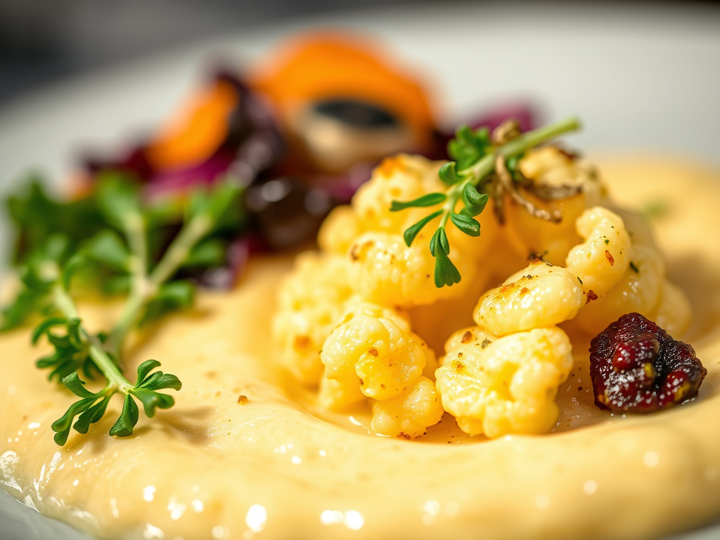 Fricandó de setas con puré de coliflor