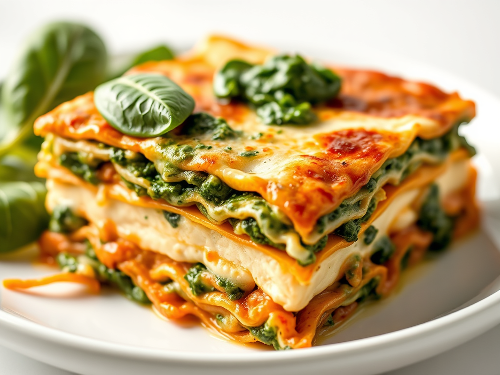 Lasaña bicolor de tofu en salsa de espinacas