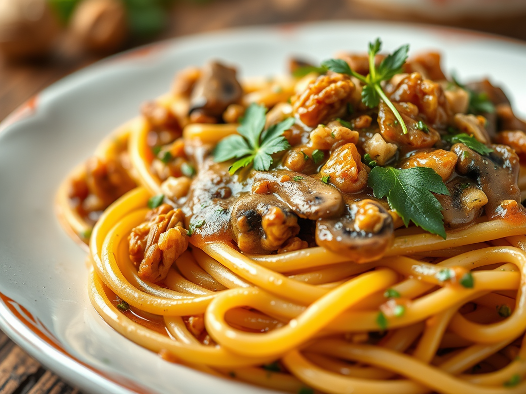 Pasta con salsa de nueces y champiñones