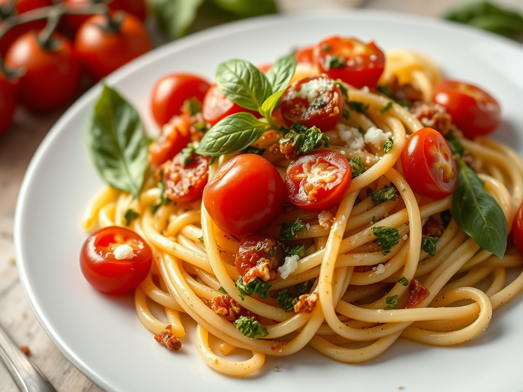 Pasta fría con pesto de albahaca y tomates cherry