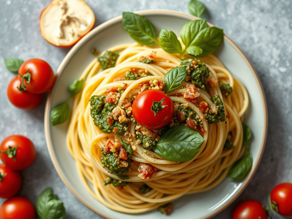 Pasta fría con pesto de rúcula y tomate cherry