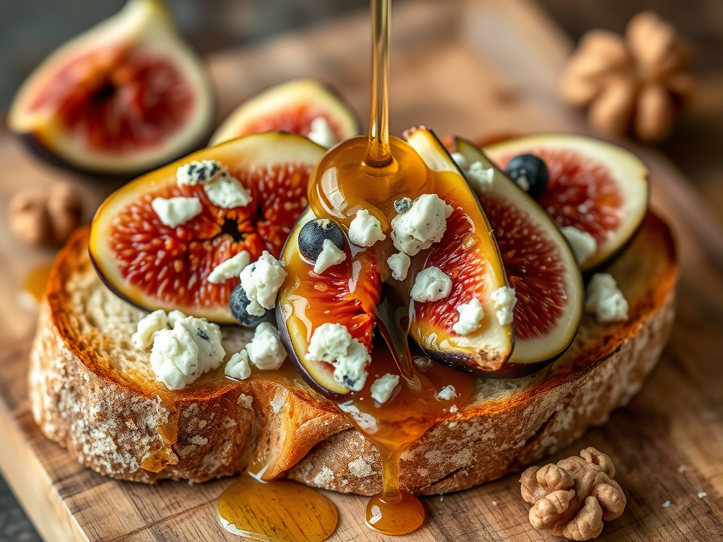 Tostadas de higos, queso azul y miel
