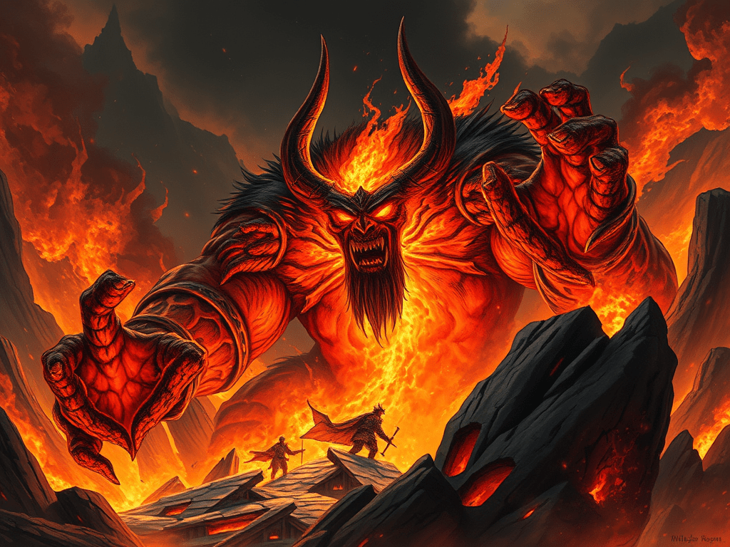 Ilustración de un gigante de fuego en un paisaje ardiente, con montañas y lava, mientras un guerrero se encuentra en el primer plano, sosteniendo una espada.