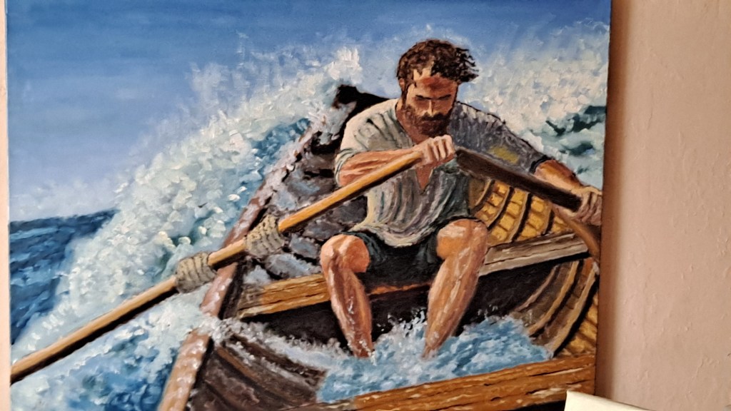 Hombre remando contra el temporal