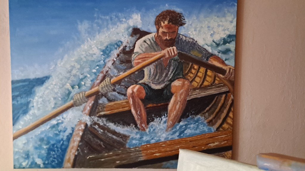 Hombre remando contra el temporal