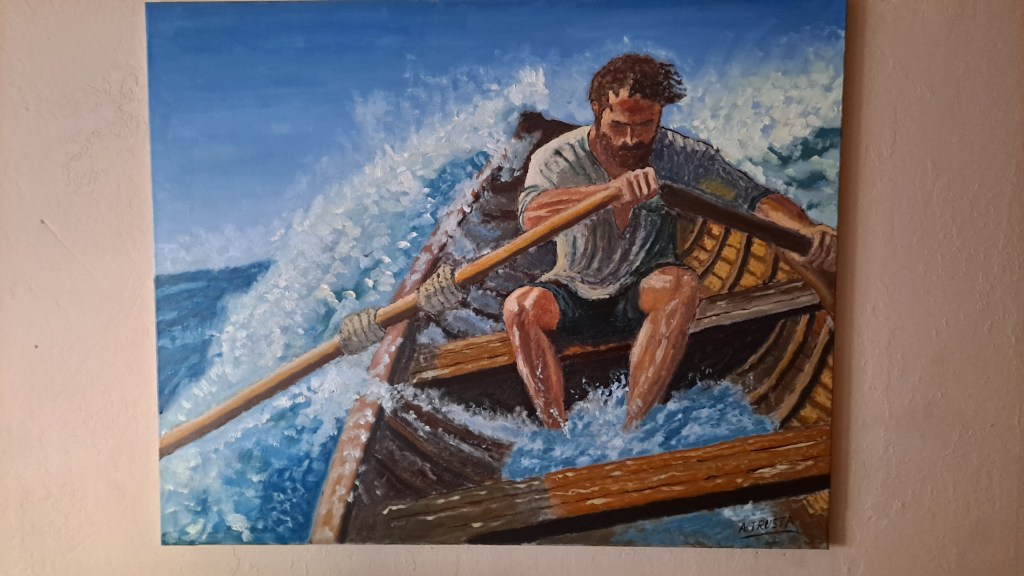 Hombre remando contra el temporal