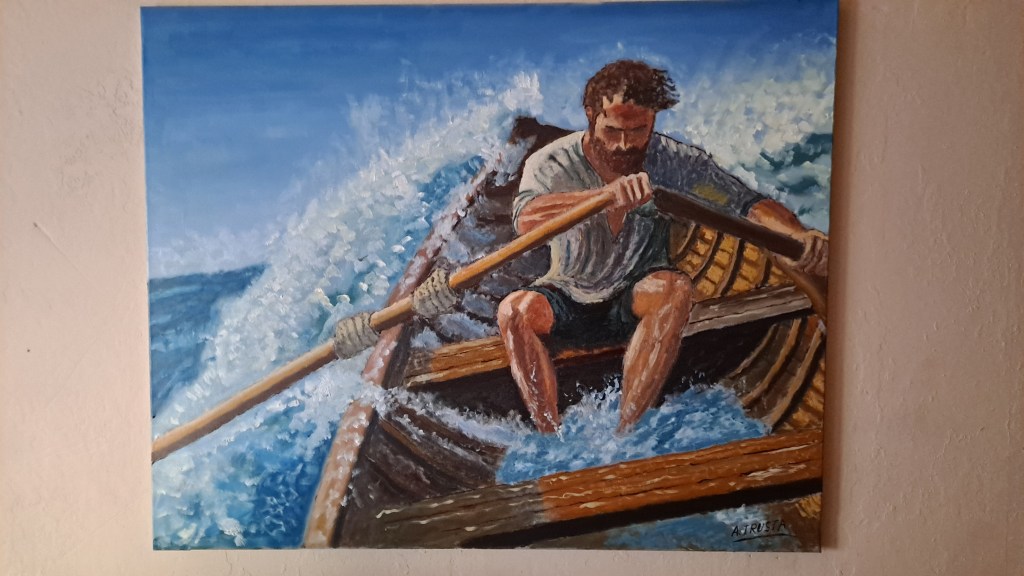 Hombre remando contra el temporal